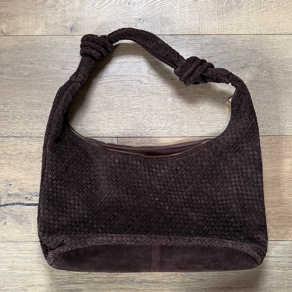 Mint Velvet Chocolate Brown Woven Leather Hobo Tote Bag with Knot Detail